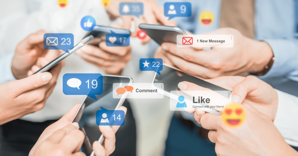 Hands holding cell phones with with imagery of engagement above each cell phone - blog title: Produce Better Social Media Results with These 5 Metrics - Web Garden